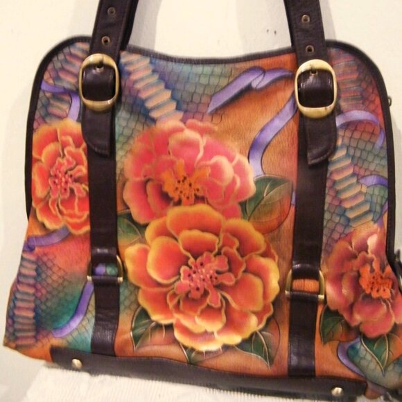 1990's Anuschka Python Bloom Large Hand painted Leather Tote Handbag SHIPS FREE - Picture 1 of 12
